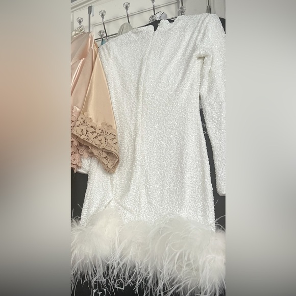 WHITE SEQUIN HIGH NECK FEATHER HEM MINI DRESS WITH LONG SLEEVES - Picture 3 of 3